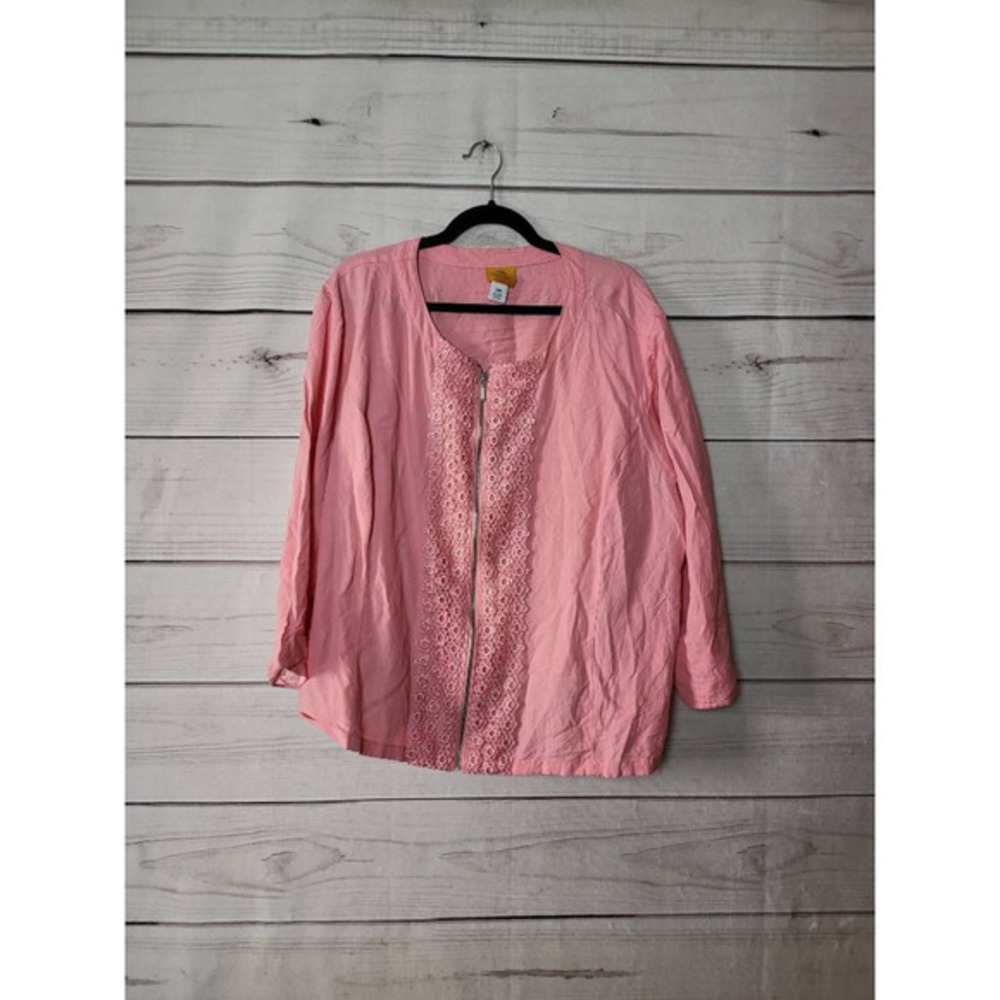 Ruby Rd. Womens Blouse Solid Pink‎ Long Sleeve Embroidered Lace Zip Up Plus 24W